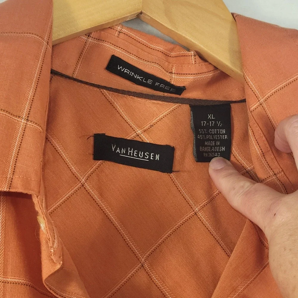 Van Heusen Button Down Shirt Mens XL Orange Windowpane Plaid Wrinkle Free